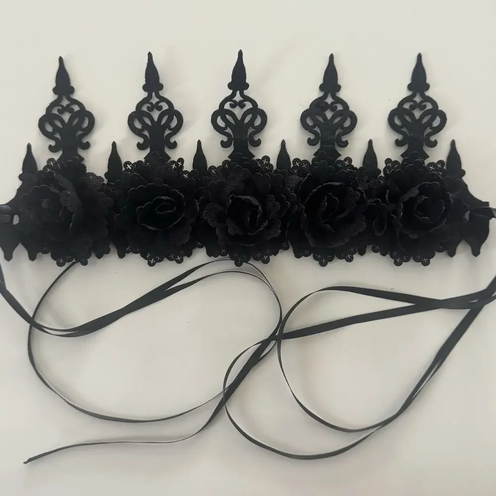 Black Rose Flower Crown Women Girls Tie On Gothic Floral Headband Costume